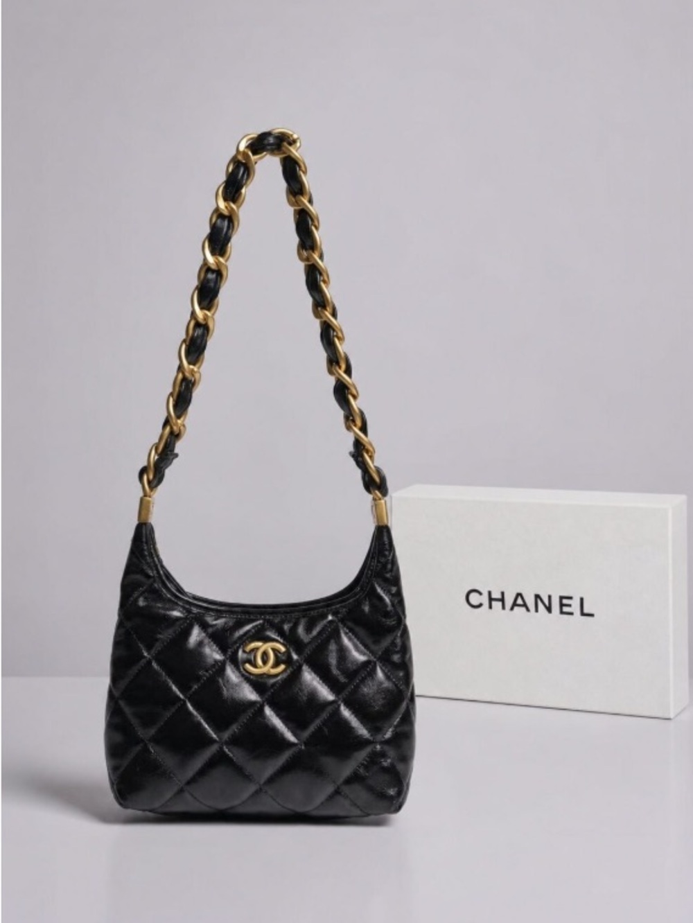Chanel Shiny Black Calfskin Quilted Hobo with Gold Tone Hardware